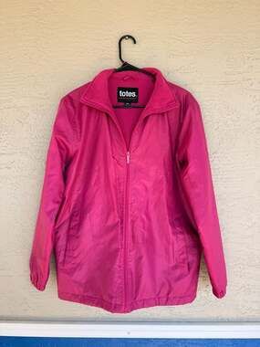 Totes Pink Fleece-Lined Rain Jacket, Women's Size Small — Hooded Windbreaker